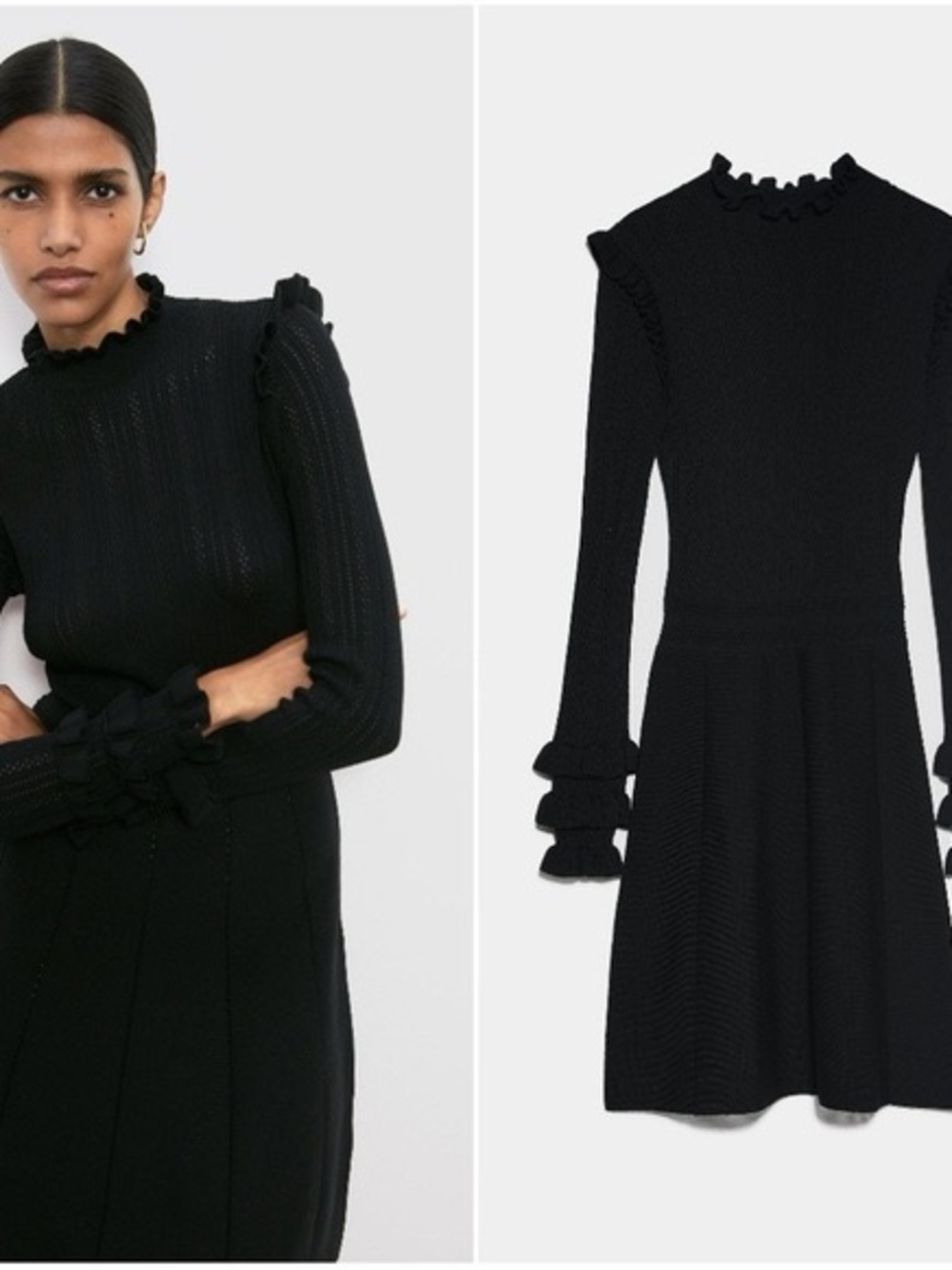 Zara Black Long-Sleeve Ruffle-Trim Knit Dress